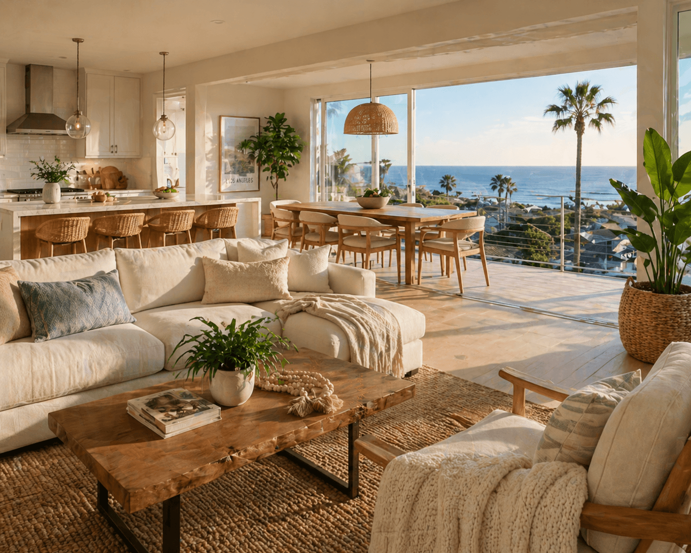 Bright Los Angeles living space with ocean view and warm coastal styling