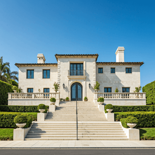 Grand Los Angeles mansion with symmetrical facade and formal stair entry